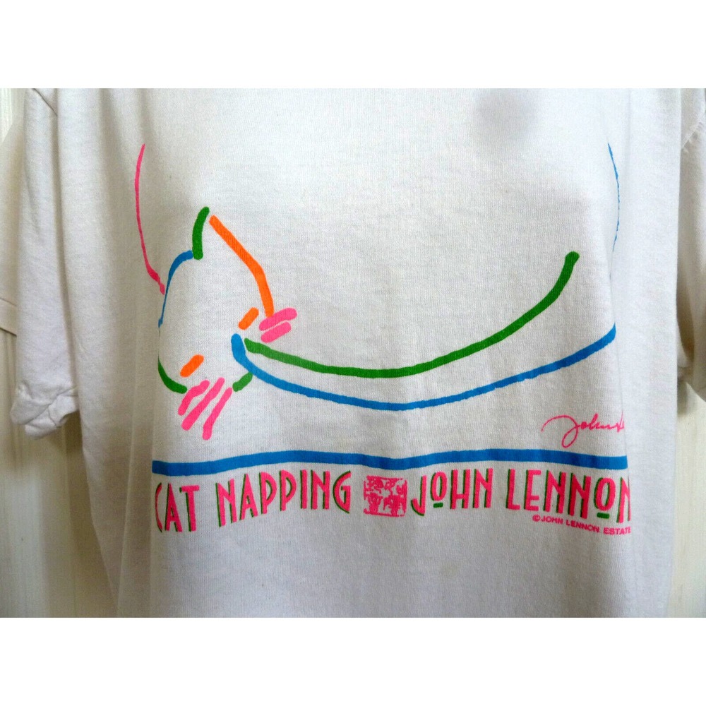 Vintage John Lennon Estate Cat Napping T-Shirt 1980s Beatles White Large